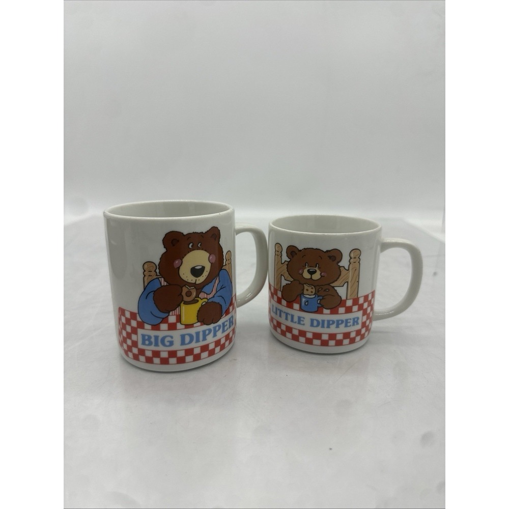 Coffee  Mugs "Big Dipper Little Dipper" Ceramic Red & White Checkered Bears